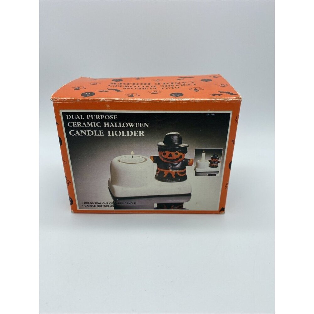 VTG Halloween 1980's Kmart Scarecrow  Pumpkin Tea Light Candle Votive Holder 4"